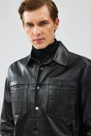 Enzo Men's Black Shirt Collar Leather Jacket | Derimod Enzo Men's Black Shirt Collar Leather Jacket | Derimod