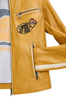 Champs Women's Yellow Embroidered Short Leather Jacket | Derimod Champs Women's Yellow Embroidered Short Leather Jacket | Derimod
