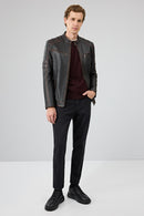 Leonard Men's Brown Vintage Slim-Fit Leather Jacket | Derimod Leonard Men's Brown Vintage Slim-Fit Leather Jacket | Derimod