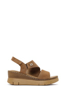 Women's Tan Suede Leather Wedge Heeled Ankle Buckle Comfort Sandals | Derimod Women's Tan Suede Leather Wedge Heeled Ankle Buckle Comfort Sandals | Derimod