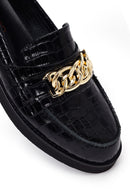 Kadın Siyah Kroko Desenli Zincir Detaylı Deri Maskülen Loafer | Derimod Kadın Siyah Kroko Desenli Zincir Detaylı Deri Maskülen Loafer | Derimod