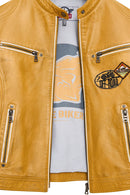 Champs Women's Yellow Embroidered Short Leather Jacket | Derimod Champs Women's Yellow Embroidered Short Leather Jacket | Derimod