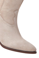 Women's Beige Suede Leather Cowboy Heeled Boots | Derimod Women's Beige Suede Leather Cowboy Heeled Boots | Derimod