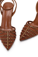 Women's Bronze Ankle Buckle Open Back Rhinestone High Thin Heel Shoes | Derimod Women's Bronze Ankle Buckle Open Back Rhinestone High Thin Heel Shoes | Derimod
