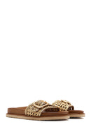 Women's Gold Buckled Straw Leather Slippers | Derimod Women's Gold Buckled Straw Leather Slippers | Derimod