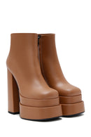Women's Tan Leather Platform High Heel Boots | Derimod Women's Tan Leather Platform High Heel Boots | Derimod