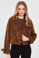 Tracy Women's Brown Short Suede Leather Coat | Derimod Tracy Women's Brown Short Suede Leather Coat | Derimod
