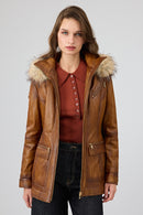 Donatella Women's Camel Belted Hooded Leather Coat | Derimod Donatella Women's Camel Belted Hooded Leather Coat | Derimod