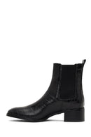 Women's Black Croco Patterned Short Thick Heel Leather Chelsea Boot | Derimod Women's Black Croco Patterned Short Thick Heel Leather Chelsea Boot | Derimod