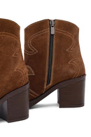 Woman Tan Suede Chunky Heel Leather Cowboy Boots | Derimod Woman Tan Suede Chunky Heel Leather Cowboy Boots | Derimod