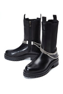 Women's Black Leather Zippered Chain Detailed Boots | Derimod Women's Black Leather Zippered Chain Detailed Boots | Derimod