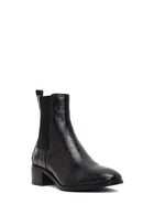 Women's Black Croco Patterned Short Thick Heel Leather Chelsea Boot | Derimod Women's Black Croco Patterned Short Thick Heel Leather Chelsea Boot | Derimod