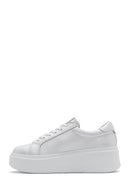 Women's White Thick-Soled Side Zipper Lace-Up Leather Sneakers | Derimod Women's White Thick-Soled Side Zipper Lace-Up Leather Sneakers | Derimod