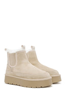 Woman Beige Thick-Soled Teddy Suede Leather Boat | Derimod Woman Beige Thick-Soled Teddy Suede Leather Boat | Derimod
