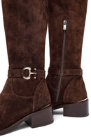 Woman Brown Zippered Low Heel Suede Leather Boot | Derimod Woman Brown Zippered Low Heel Suede Leather Boot | Derimod