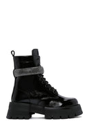 Women's Black Leather Stone Thick Soled Boots | Derimod Women's Black Leather Stone Thick Soled Boots | Derimod