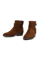 Woman Tan Zippered Suede Leather Cowboy Boots | Derimod Woman Tan Zippered Suede Leather Cowboy Boots | Derimod