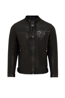 Towns Men Black Slim-Fit Short Leather Jacket | Derimod Towns Men Black Slim-Fit Short Leather Jacket | Derimod