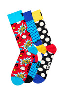 Happy Socks Male Multicolored Super Dad Themed Cotton 3-Pack Sock Set | Derimod Happy Socks Male Multicolored Super Dad Themed Cotton 3-Pack Sock Set | Derimod