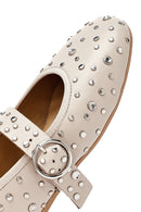 Women's Beige Buckled Stoned Leather Ballerinas | Derimod Women's Beige Buckled Stoned Leather Ballerinas | Derimod
