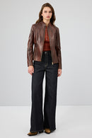 Lydia Women's Brown Short Leather Jacket | Derimod Lydia Women's Brown Short Leather Jacket | Derimod