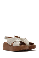 Women's Cream Ankle Strap Printed Wedge Heel Leather Comfort Sandals | Derimod Women's Cream Ankle Strap Printed Wedge Heel Leather Comfort Sandals | Derimod