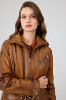 Donatella Women's Camel Belted Hooded Leather Coat | Derimod Donatella Women's Camel Belted Hooded Leather Coat | Derimod