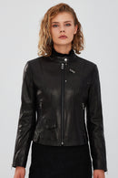 Madison Women's Black Short Leather Jacket | Derimod Madison Women's Black Short Leather Jacket | Derimod