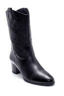 Women's Black Leather Cowboy Heeled Boots | Derimod Women's Black Leather Cowboy Heeled Boots | Derimod