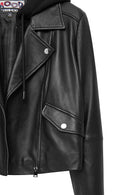 Smart Women's Black Hooded Biker Leather Jacket | Derimod Smart Women's Black Hooded Biker Leather Jacket | Derimod