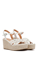 Women's White Ankle Buckle Wedge Heel Woven Sandals | Derimod Women's White Ankle Buckle Wedge Heel Woven Sandals | Derimod