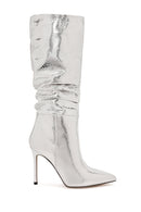 Women's Grey Thin Heel Metallic Leather Boots | Derimod Women's Grey Thin Heel Metallic Leather Boots | Derimod