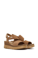 Women's Tan Suede Leather Wedge Heeled Ankle Buckle Comfort Sandals | Derimod Women's Tan Suede Leather Wedge Heeled Ankle Buckle Comfort Sandals | Derimod