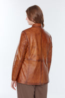 Barbara Women's Camel Plus Size Leather Jacket | Derimod Barbara Women's Camel Plus Size Leather Jacket | Derimod