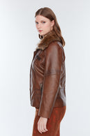 Belinda (Plus) Women's Cognac Leather Coat | Derimod Belinda (Plus) Women's Cognac Leather Coat | Derimod