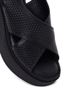 Woman Black Ankle-Buckle Wedge-Heel Leather Comfort Sandal | Derimod Woman Black Ankle-Buckle Wedge-Heel Leather Comfort Sandal | Derimod