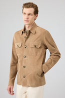 Osimhen Men's Beige Shirt Collar Suede Leather Jacket | Derimod Osimhen Men's Beige Shirt Collar Suede Leather Jacket | Derimod