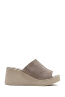 Women's Gray Wedge Heeled Suede Leather Slippers | Derimod Women's Gray Wedge Heeled Suede Leather Slippers | Derimod