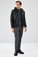 Lyon Men's Black Hooded Leather Jacket | Derimod Lyon Men's Black Hooded Leather Jacket | Derimod