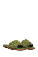 Women's Green Knit Leather Slippers | Derimod Women's Green Knit Leather Slippers | Derimod