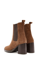 Women's Tan Thick Heeled Suede Leather Chelsea Boots | Derimod Women's Tan Thick Heeled Suede Leather Chelsea Boots | Derimod