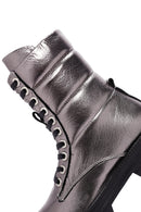 Women's Grey Zippered Metallic Leather Combat Boots | Derimod Women's Grey Zippered Metallic Leather Combat Boots | Derimod