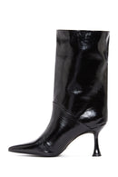 Women's Black Leather Patent Leather Thin Heeled Boots | Derimod Women's Black Leather Patent Leather Thin Heeled Boots | Derimod