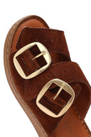 Woman Tan Buckled Suede Leather Comfort Slippers | Derimod Woman Tan Buckled Suede Leather Comfort Slippers | Derimod