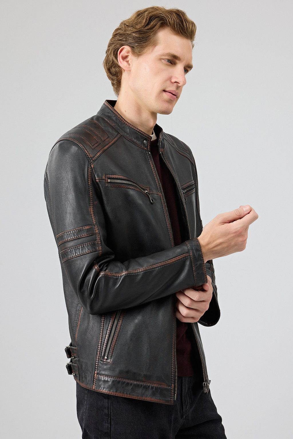 Leonard Erkek Kahverengi Vintage Slim-Fit Deri Ceket
