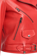 Newage Women's Red Slim-Fit Biker Leather Jacket | Derimod Newage Women's Red Slim-Fit Biker Leather Jacket | Derimod