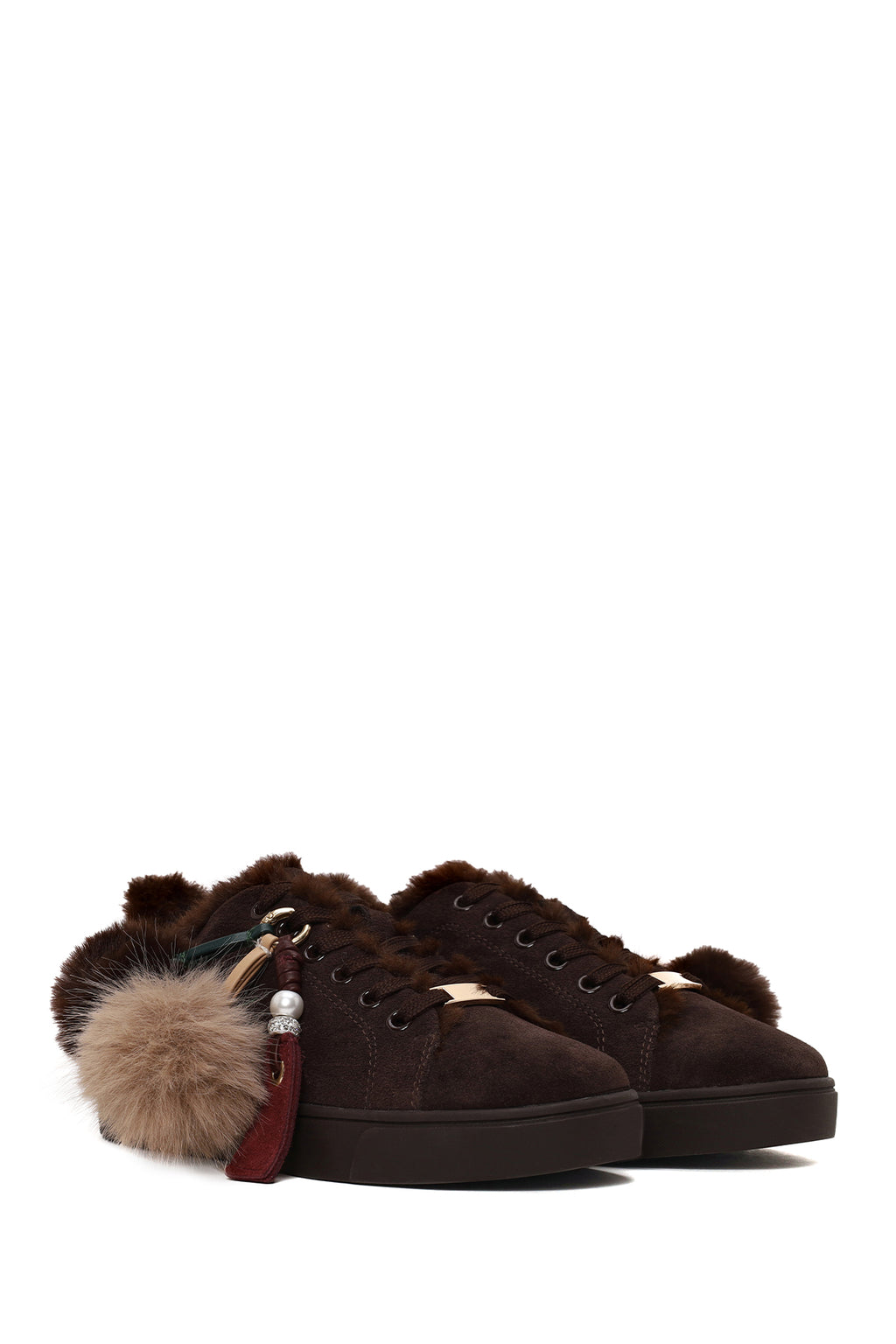 Kadın Kahverengi Bağcıklı Charmlı Süet Deri Teddy Sneaker