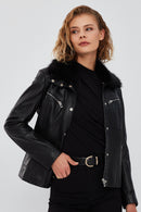 Vivien Women's Black Fur Collar Leather Jacket | Derimod Vivien Women's Black Fur Collar Leather Jacket | Derimod