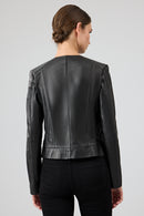 Flora Women's Black Slim Short Leather Jacket | Derimod Flora Women's Black Slim Short Leather Jacket | Derimod