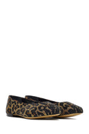 Women's Leopard Patterned Jeweled Leather Ballet Flat | Derimod Women's Leopard Patterned Jeweled Leather Ballet Flat | Derimod